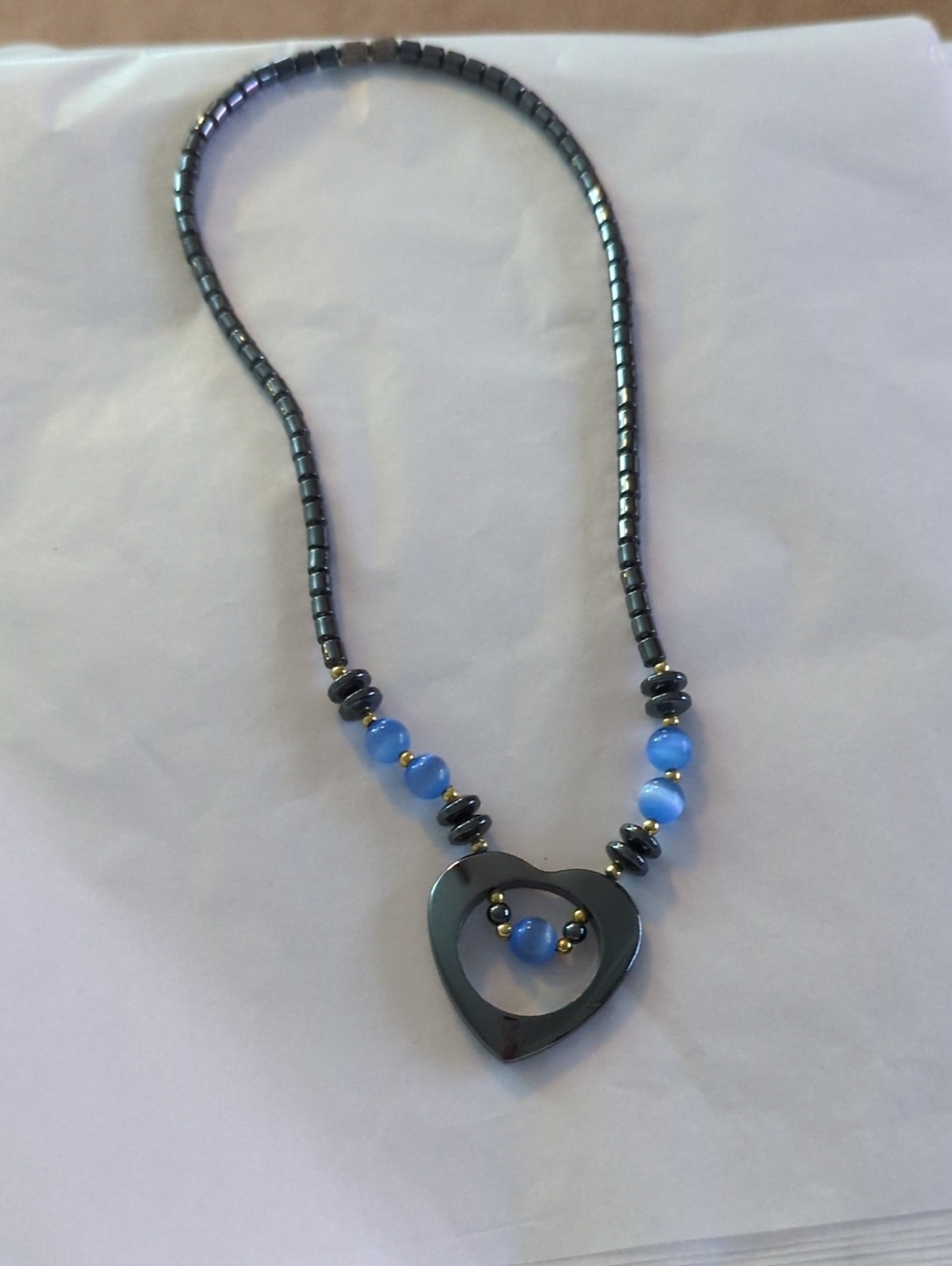 Heart Pendant Hematite Necklace with Blue Beads SALE